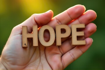 A person holds a wooden sign with the word 'hope' in a bright and optimistic setting