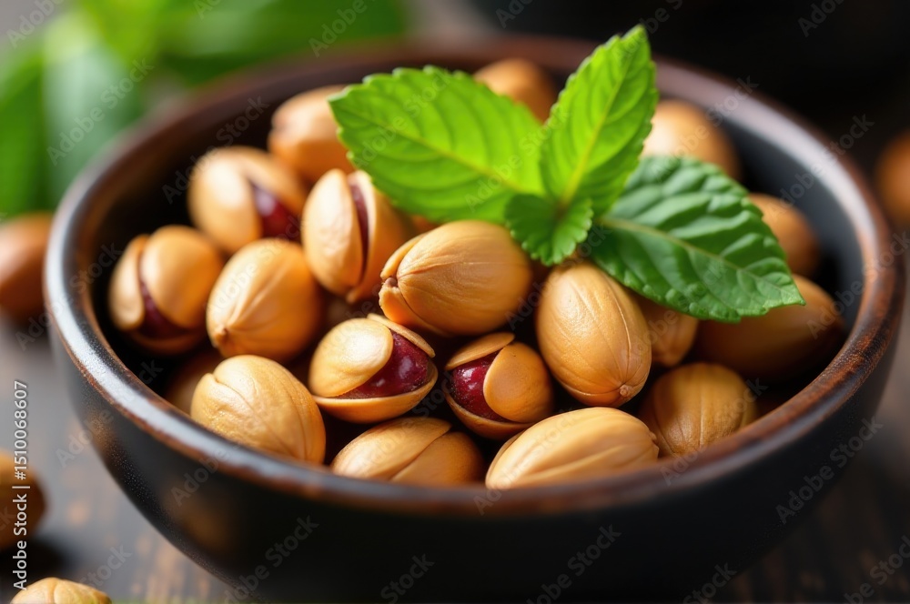 Poster a simple still life image of a bowl filled with various types of nuts accompanied by a single leaf
