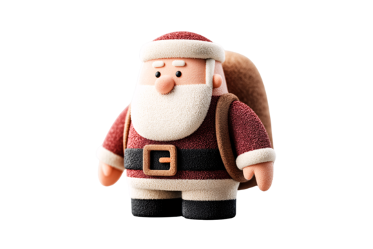 Cute Santa Claus character with traditional red suit, white beard, and carrying brown sack, isolated on a transparent background