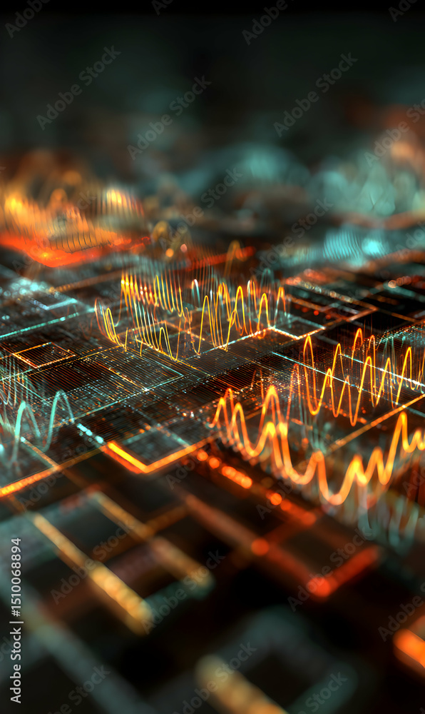 Poster abstract data visualization showcasing complex information network with dynamic graphical waveforms 