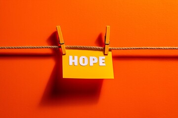 Colorful note with the word hope hanging on a rope against an orange background creating a positive and uplifting atmosphere