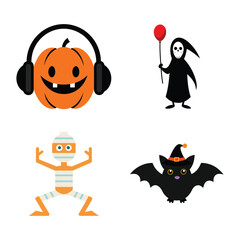 Cute Halloween Set, Pumpkin with Headphones, Grim Reaper, Dancing Mummy And Witch Bat Vector Illustration.
