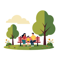 Happy Family Sitting Together on a Park Bench Under Green Trees, Vector Illustration