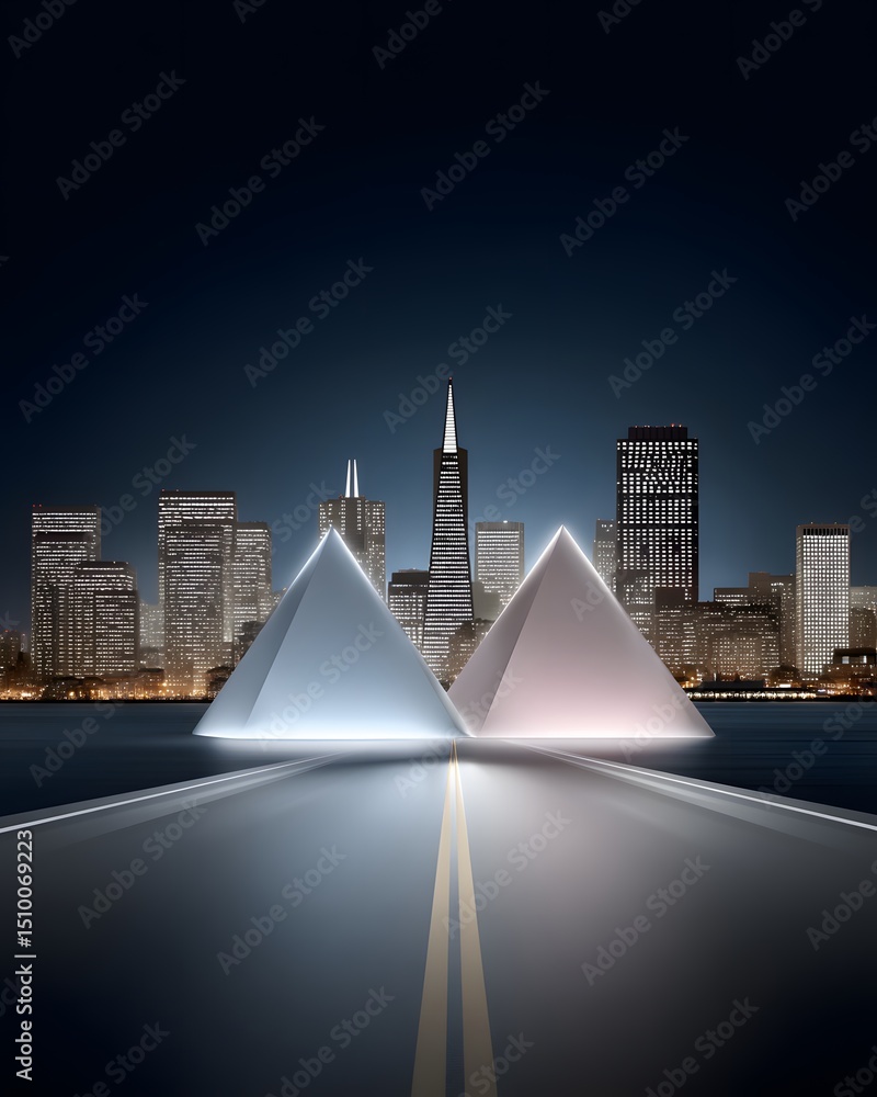 Poster abstract futuristic metropolis with towering prism-like structures, floating neon pyramids, and levi