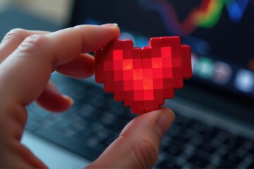 A person holds a heart in front of a laptop, a creative and thoughtful gesture