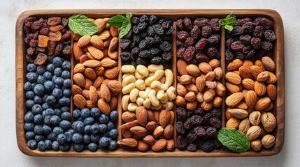 Colorful Assortment of Dried Fruits and Nuts in Wooden Tray