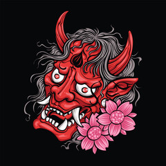 red japanese demon mask with sakura flower