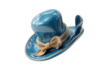Fototapeta premium Glossy blue ceramic or porcelain hat with brown ribbon bow and reflective metallic finish, isolated on a transparent background