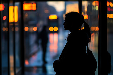 Woman standing at a bus stop