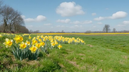 Fototapeta premium Stunning Spring Landscape with Blooming Yellow Daffodils Field