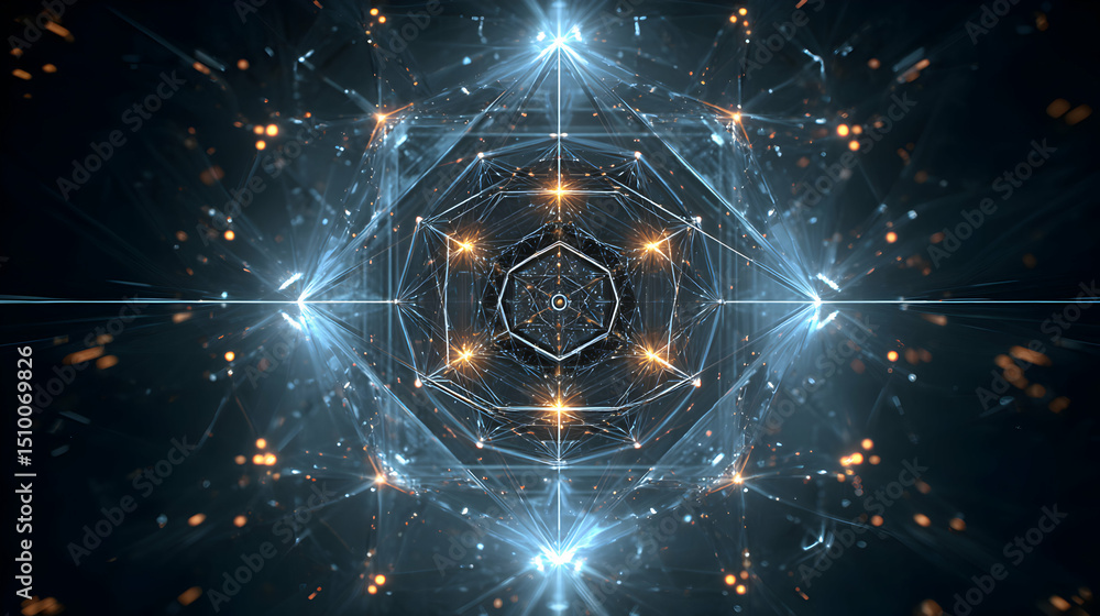 Poster abstract geometric pattern with lines, glowing points, and symmetrical shapes evoking technology and
