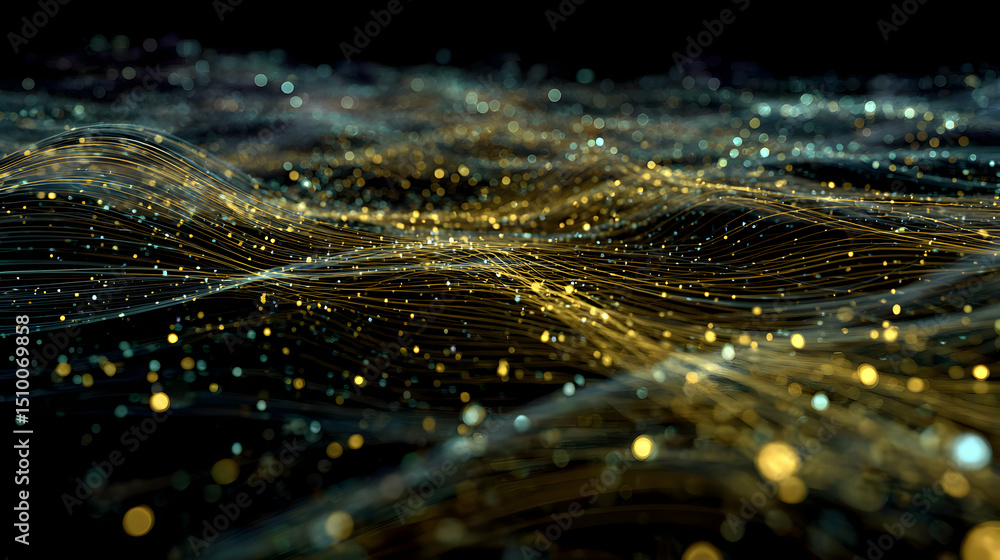 Poster abstract golden wavy lines with shiny particles creating a futuristic and elegant background image