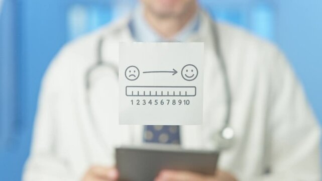 Blurred doctor holding a tablet with a sticky note showing a scale from sadness to happiness, suggesting an improvement in patient satisfaction