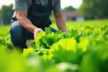 A person kneeling in a field of crisp green lettuce, suitable for use in health and wellness, gardening, or food-related contexts