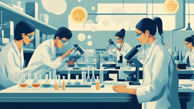Scientists working in the lab with test tubes and microscopes for innovative research