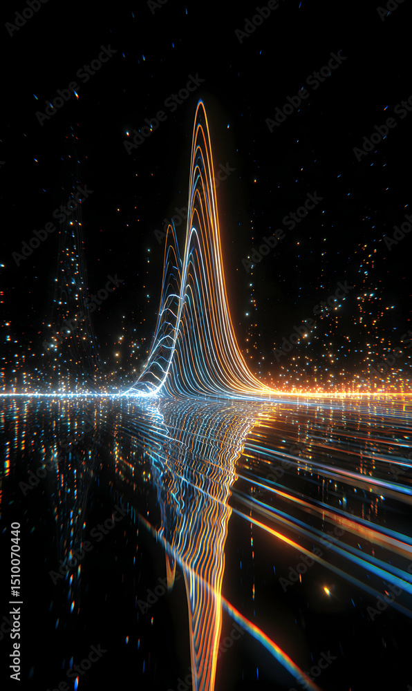 Poster abstract flowing light lines create a futuristic and dynamic digital wave reflecting on the surface