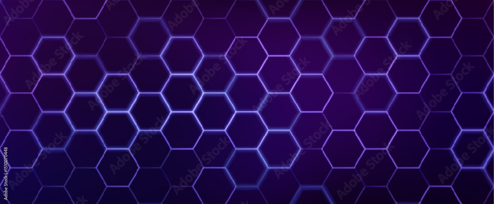Poster abstract hexagon pattern background - futuristic sci fi honeycomb grid, glowing purple neon lines on