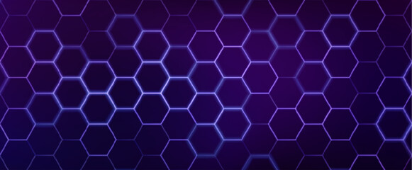 Abstract hexagon pattern background - futuristic sci fi honeycomb grid, glowing purple neon lines on dark. Geometric vector graphic design for digital interfaces, HUD displays and gaming backdrops.