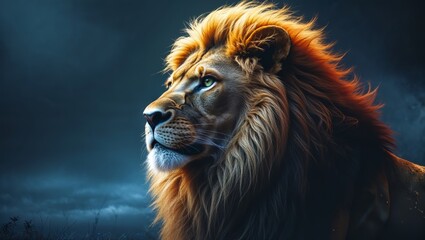 Naklejka premium Majestic Lion Portrait Piercing Blue Eyes Against a Moody Forest Backdrop, Wildlife Photography