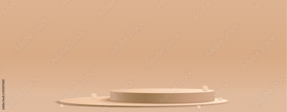 Poster beige round podium display on light brown background. minimal empty platform for product showcase or