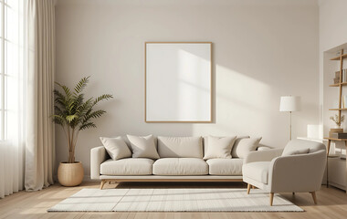 Pale living room with fabric textures and an A4 poster mockup beside tall curtains.
