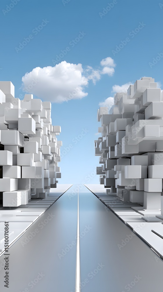 Poster an endless sci-fi city filled with symmetrical mirrored towers, floating walkways illuminated by neo