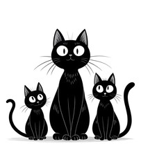 Obraz premium Cartoon Illustration of Three Black Cats Sitting Together Isolated on White Background Perfect for Halloween or Feline Themed Designs and Creative Projects