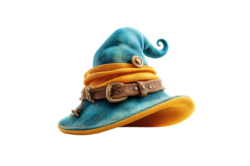 Whimsical turquoise wizard hat with orange scarf, brown leather belt, and curled pointed tip, isolated on a transparent background