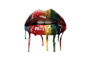 Vibrant rainbow lips with thick paint texture dripping in red, yellow, green, blue colors, isolated on a transparent background