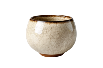 White crackle-glazed ceramic bowl with brown rim, rounded shape, traditional pottery with characteristic crackling pattern throughout, isolated on a transparent background