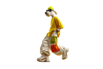 White dog in bright yellow oversized shirt, light cargo pants, and colorful sneakers mid-stride, isolated on a transparent background