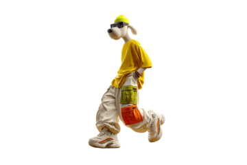 White dog in bright yellow oversized shirt, light cargo pants, and colorful sneakers mid-stride, isolated on a transparent background
