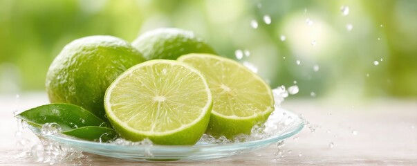Fresh limes with water splashes on a plate, highlighting vibrant green colors.