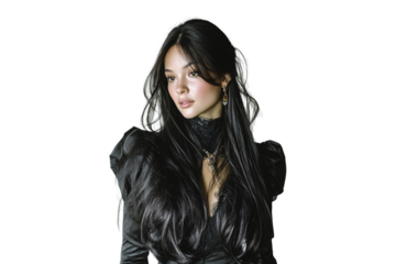 Woman with long dark hair wearing black lace top and ornate earrings, isolated on a transparent background