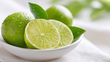 Fresh limes and lime slices in a white bowl with green leaves.