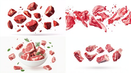 Four close-up shots showcase raw meat pieces?chunks, cubes, and irregular fragments?in various states of motion against a stark white backdrop.  Some 
