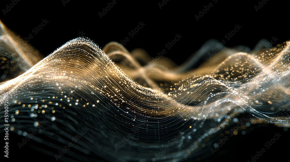 Poster abstract waves of energy and light glittering on a dark background creating a mesmerizing pattern