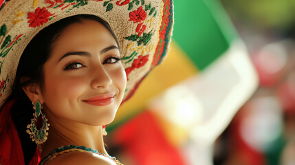 Independence Day (Mexico). Woman in a sombrero, close-up, space for text.