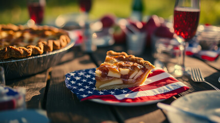 Independence Day of the USA. Close-up of a piece of apple pie on a picnic table, with a napkin with an American flag underneath.