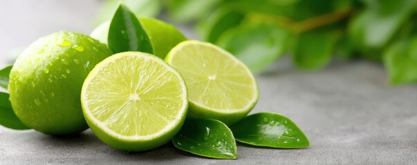 Fresh limes sliced with leaves, showcasing vibrant green colors and water droplets.