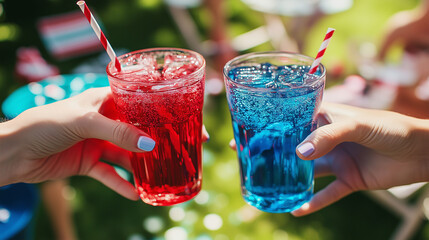 Independence Day (USA). Close-up of hands clinking red and blue drinks, festive background.