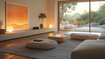 Cozy Modern Living Room with Warm Lighting and Natural Elements