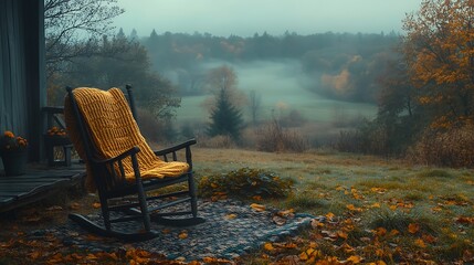 Tranquil foggy morning countryside porch view high resolution picture
