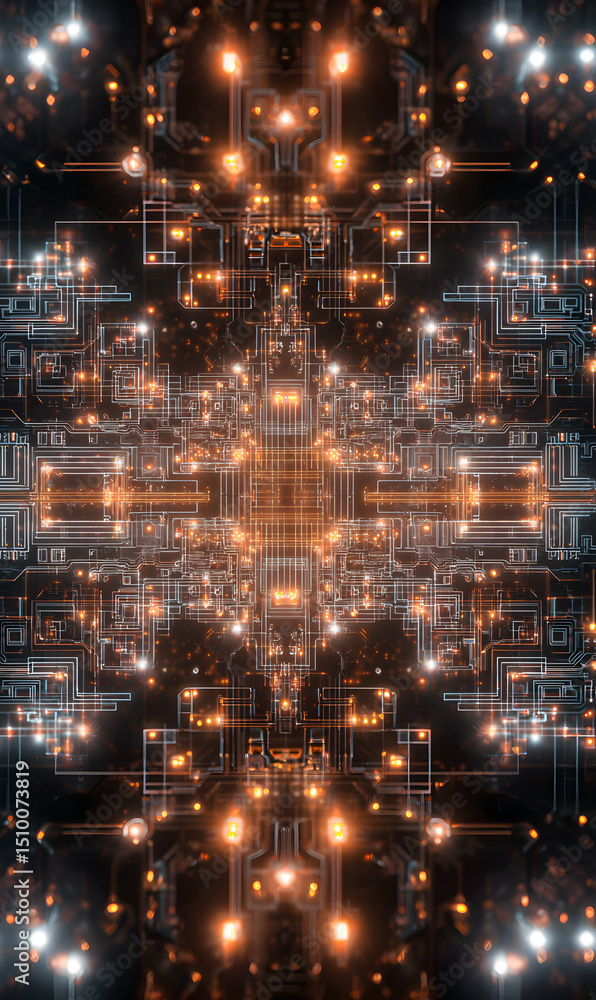 Poster intricate luminous circuitry network radiating a mesmerizing geometric pattern technology abstract b
