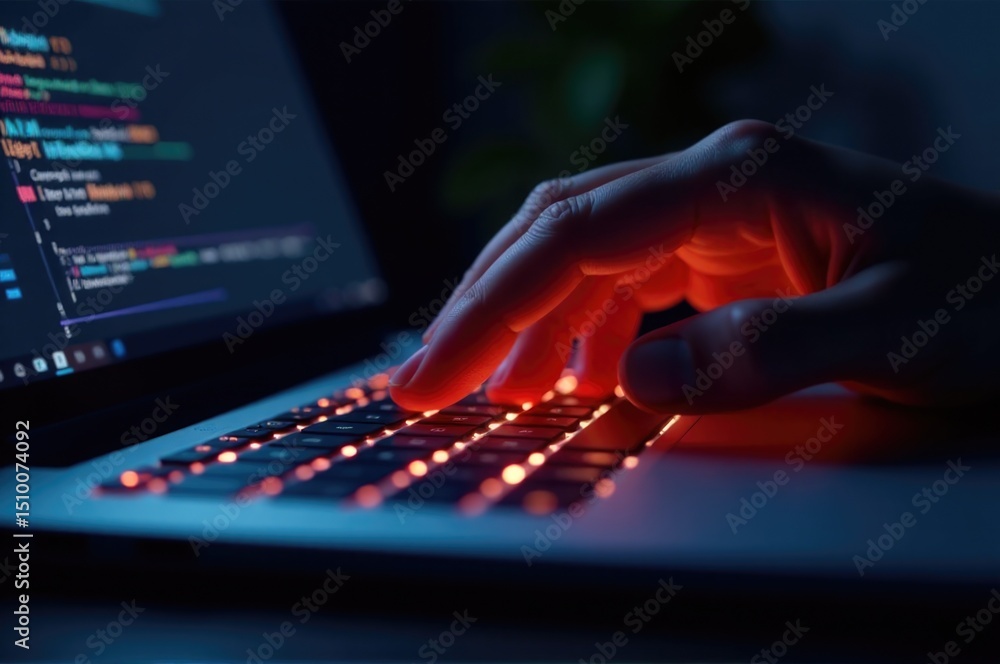 Poster a person working on their laptop in a dark environment, perfect for representing late-night work ses