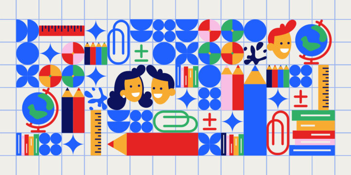 Geometric study pattern with school supplies - colorful shapes of circles and stars on grid background. Educational elements of pencils and rulers, books and paper clips, globe and student faces.
