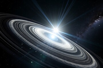 Spectacular View of a Ringed Planet Orbiting a Bright Star Set Against a Backdrop of Distant Galaxies and Star Clusters