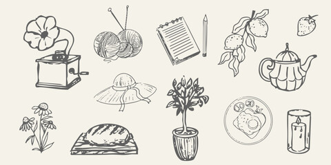 Cottagecore set cosy country rural things sketch. Retro cute whimsy farm themed cottage core aesthetic. Hobby collection, vegetables doodle.