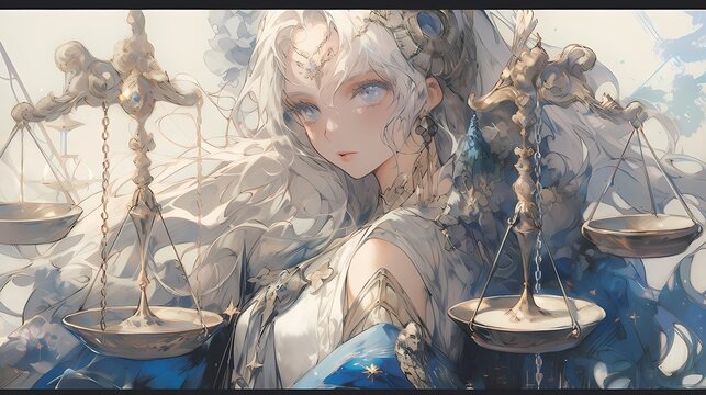 A serene, ethereal fantasy character with intricate jewelry and balanced scales, gazing contemplatively at a soft blue and white landscape.