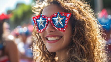 Independence Day USA. Woman wearing star shaped sunglasses smiling at parade.